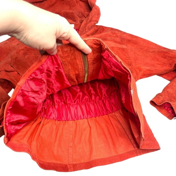 John Murrough Vintage 80s Suede Leather Orange O-Ring Zip Up Hooded Jacket Small - Picture 10 of 14
